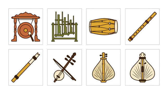Collection of traditional Indonesian musical instruments including gamelan and angklung. EPS Editable