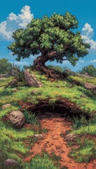 Fototapeta premium Majestic Tree Overlook an Earth Hole in an Epic Landscape Illustration