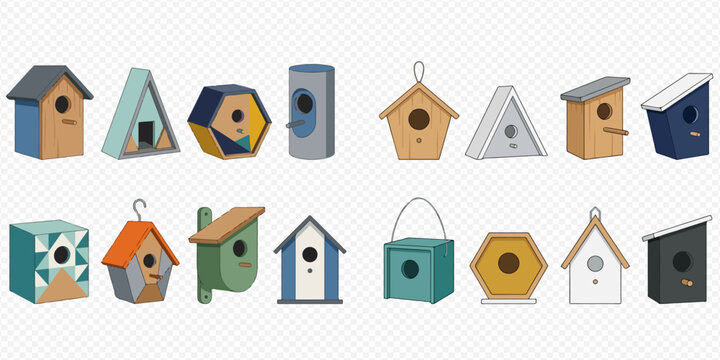 Collection of various colorful birdhouses, feeders, and nesting boxes in different shapes and styles, vector illustration.
