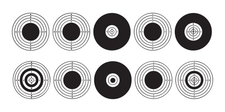 Collection of various black circular shooting targets for marksmanship practice isolated on transparent.