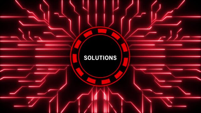 An abstract digital visualization featuring a red glowing circuit board network with a central circular emblem showing the word SOLUTIONS in white text on a black background, representing