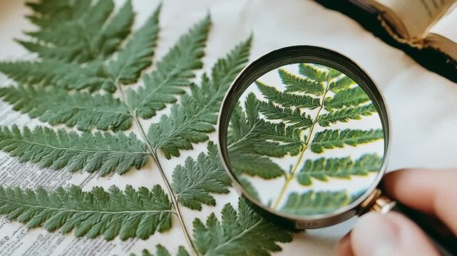 close up botanical illustrator sketching fern leaf with magnifying glass
