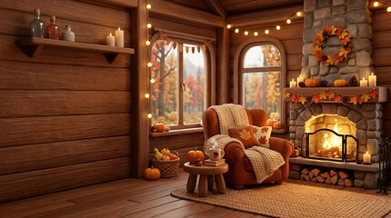 Fototapeta premium Cozy cabin living room with autumn decor and warm fireplace on a fall day indoors