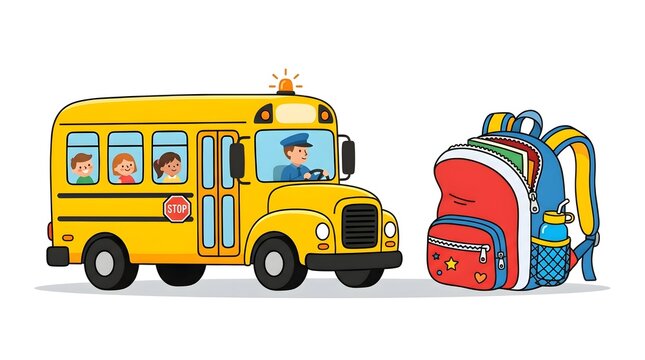 School Bus Backpack Set &mdash; Yellow Red Back to School First Day Charming Flat Vector