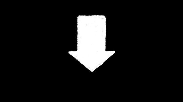 Thick solid down pointing hand drawn white arrow doodle animation on transparent background. Alpha channel included