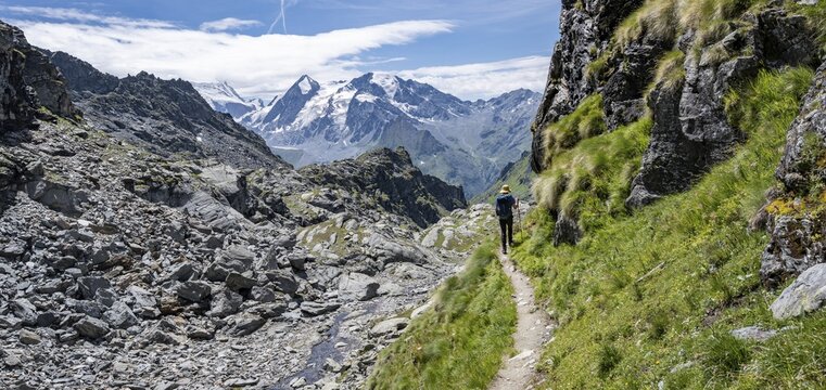 Mountaineer on hiking trail in mountain landscape, descent at Col du Louvie, view of the summit of the Grand Combine, Valais Alps, Val de Bagnes, Valais, Switzerland