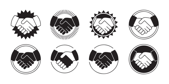 Handshake agreement emblem set showing partnership symbols and professional collaboration circle badge icons.
