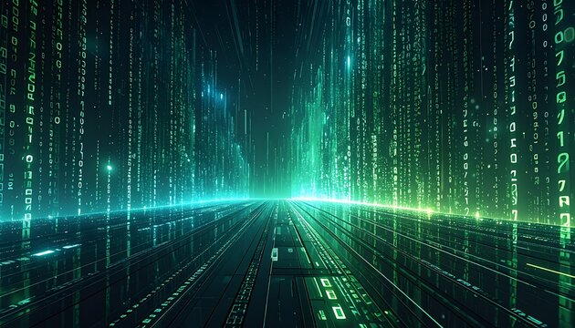 A futuristic digital landscape with glowing lines and binary code