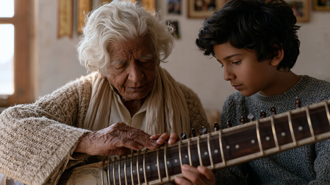 Elderly sitar master placing a student's fingers on the correct fret position in an intimate lesson, instrument resonating visibly in the close framing, decades of performance