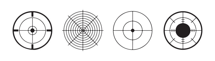 Reticle target aim icons for sniper scope and shooting sight design on transparent checkered background set. © Moni