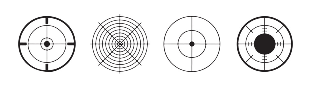 Reticle target aim icons for sniper scope and shooting sight design on transparent checkered background set.