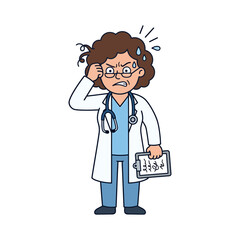 Fototapeta premium Stressed and overworked female doctor scratching her head with angry expression cartoon illustration