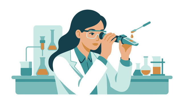 Female scientist using a refractometer in a laboratory setting. EPS Editable