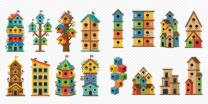 Collection of various colorful birdhouses and bird boxes in different shapes and sizes, providing shelter for birds.
