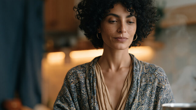 Home cook in diaspora kitchen following a handwritten recipe card in a script she never fully learned, video-calling her aunt abroad who corrects measurements in real time, steam