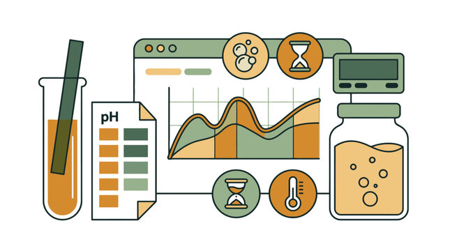 Scientific laboratory research experiment icons and data analysis charts. EPS Editable