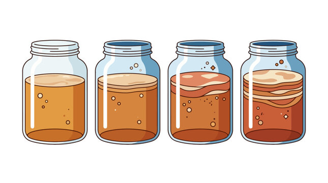 Set of glass jars containing fermented kombucha tea with scoby cultures. EPS Editable