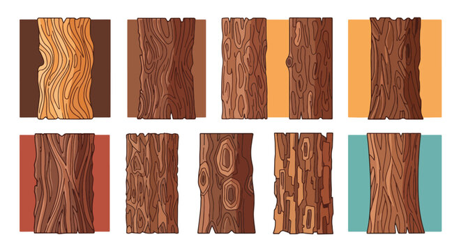 Collection of various detailed wood textures and tree bark patterns on colored backgrounds.