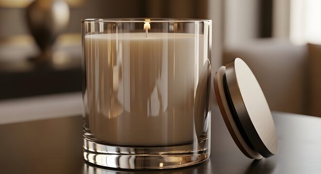 Candle features a lit wick and a silver lid resting on a dark surface in a serene room setting.