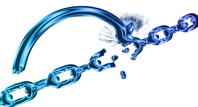 Splashing blue chain breaks apart on a transparent background with water droplets flying everywhere outside