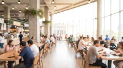 Fototapeta premium Blurred view of busy modern cafeteria with diverse people eating and socializing in bright open space with large windows and wooden tables for restaurant or lifestyle concepts