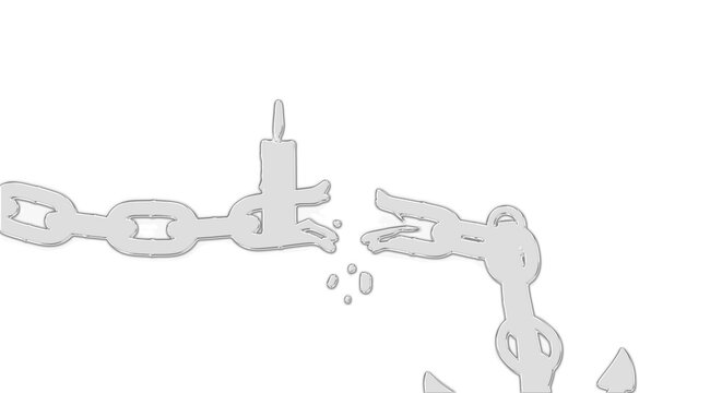 Broken chain link on a white surface with pieces falling apart