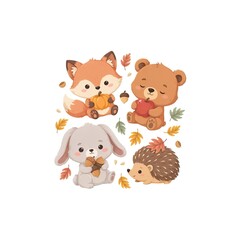 Naklejka premium Cute woodland animals with autumn harvest isolated on white background