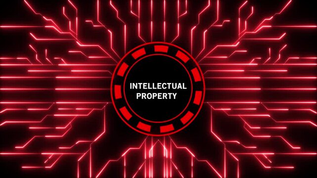 Intricate glowing red circuit board design with radiating lines from a central circular emblem featuring the text INTELECTUALPROPERTY in white letters against a deep black