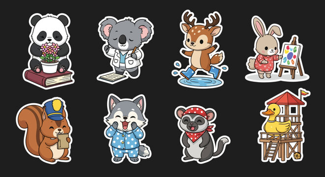 Colorful cartoon animals in various professions and activities.