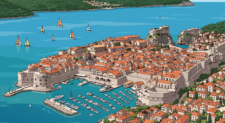 Naklejka premium Scenic Coastal Cityscape Illustration Vector Featuring Traditional Red Tiled Roofs and Mediterranean Harbor Boats