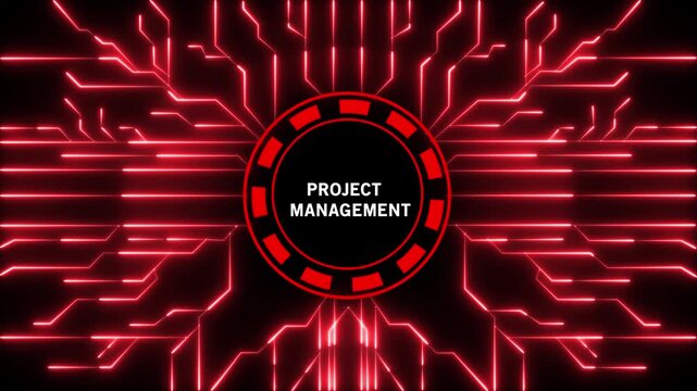 Complex glowing red circuit board design with interconnected lines originating from a central circular emblem bearing the words PROJECTMANAGEMENT in white text on a black backdrop