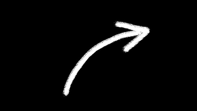 Curved up right pointing hand drawn white arrow doodle animation on transparent background. Alpha channel included