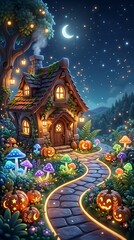 Fototapeta premium Witch Cottage Glowing Mushrooms 202606182211