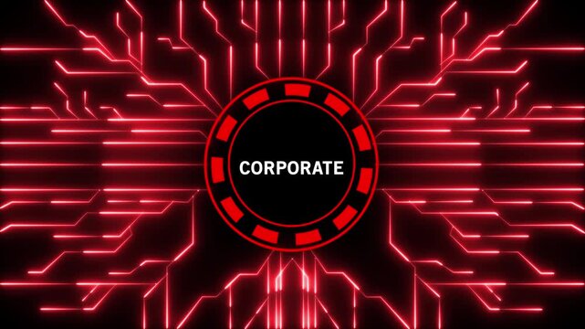 A vibrant red digital circuit board pattern with glowing neon lines emanating from a central black circle containing the word CORPORATE in white text and a red segmented ring around it