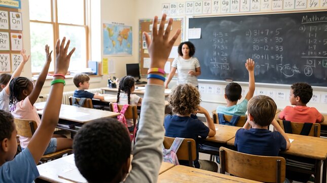 Elementary school students raising hands to answer teacher during math class in bright classroom with chalkboard equations and diverse children participating in educational activity