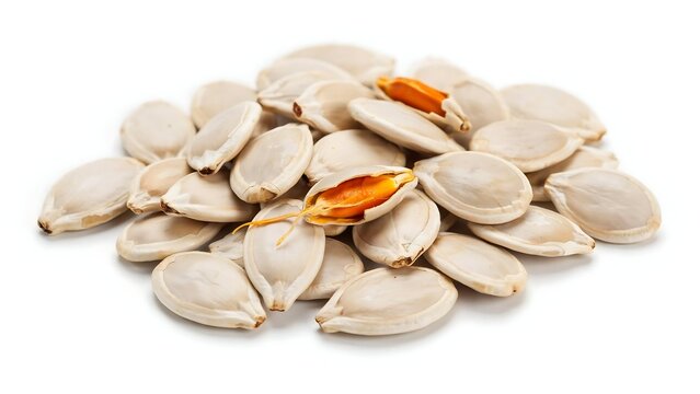 Pumpkin seeds shells on white background for food or snack concept