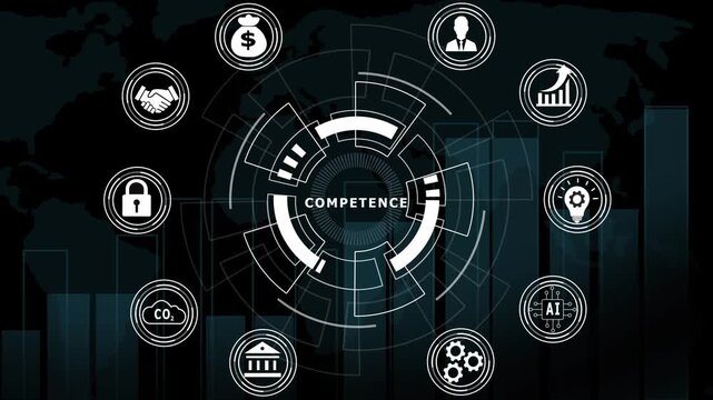 Digital business competence hud interface with global data analytics and corporate strategy for financial technology presentations