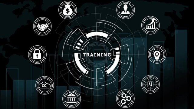 Corporate training digital interface with business and growth analytics hud motion for development and e-learning presentations