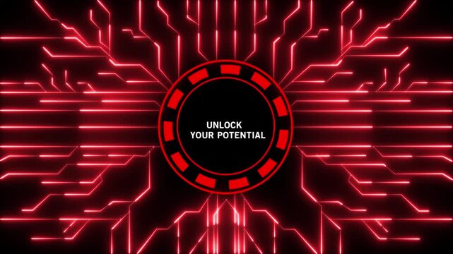 An illuminated red digital circuit board pattern with bright neon lines radiating from a central black circle inscribed with UNLOCKYOURPOTENTIAL in white text and a red segmented