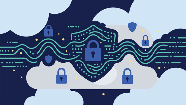 Cloud Security and Cyber Data Protection Banner with Padlock Shield and Binary Code Pattern