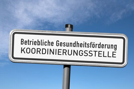 Metalltafel mit der Beschriftung; "Betriebliche Gesundheitsf&ouml;rderung (BFG), KOORDINIERUNGSSTELLE"