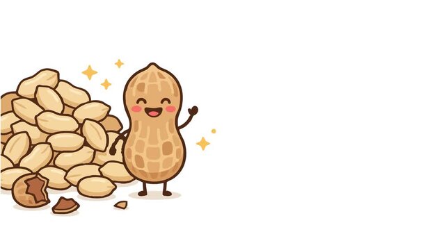 A cheerful peanut character celebrates peanut day with a big pile of peanuts.