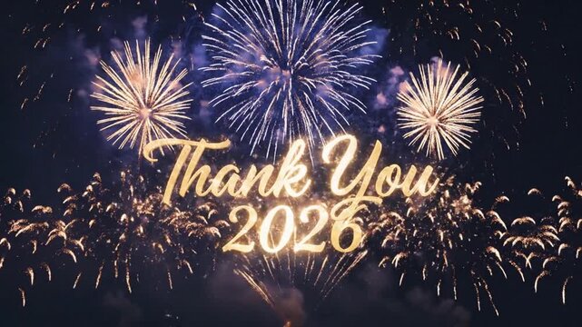 A spectacular New Year's Eve fireworks display bids farewell to 2026 with a dazzling golden 'Thank You 2026' message illuminating the night sky.