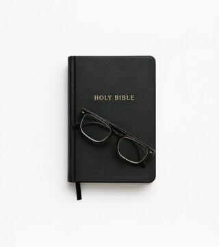 Black leather Holy Bible with reading glasses resting on top, overhead view on white background