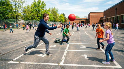 Male teacher student four square playground ball school child game outdoor Male teacher and student playing four square with red ball school playground, child group active during outdoor recess