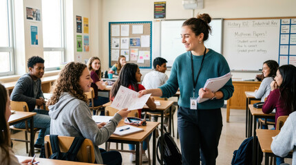 Obraz premium Classroom teacher student paper handing education school lesson learning assignment, smiling teacher handing paper to seated student during active classroom lesson with diverse teenager group