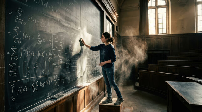 Chalkboard equation eraser student classroom mathematics university lecture board learning, young woman erasing formula on dusty blackboard in old lecture hall during math study