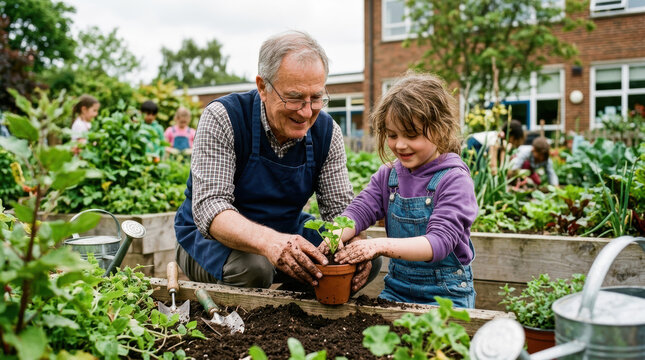 Teacher aide girl pot garden planting child senior soil plant education classroom garden outdoor learning gardening care helper apron seedling flowerpot dirt nature school community mentor student