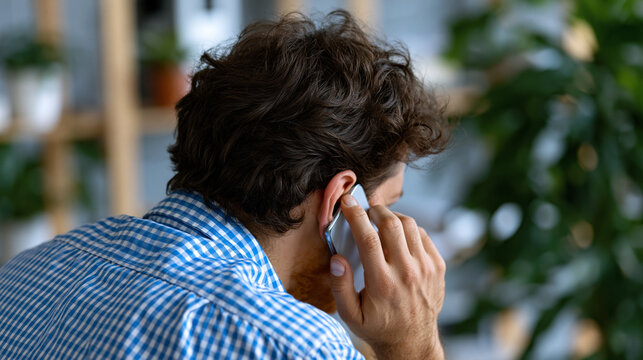  Vista de espaldas de un hombre sosteniendo un tel&eacute;fono m&oacute;vil en la oreja. Concepto de conversaci&oacute;n telef&oacute;nica, y tambi&eacute;n de un cliente frustrado esperando en l&iacute;nea de atenci&oacute;n al cliente