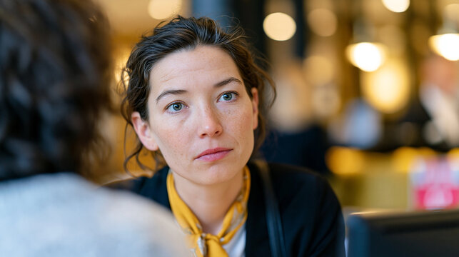 Vue par-dessus l'&eacute;paule lors d'une discussion &agrave; la r&eacute;ception d'un h&ocirc;tel. Femme au regard s&eacute;rieux et fatigu&eacute; face &agrave; un probl&egrave;me d'enregistrement ou un retard. Concept de service client, d'attente, de p